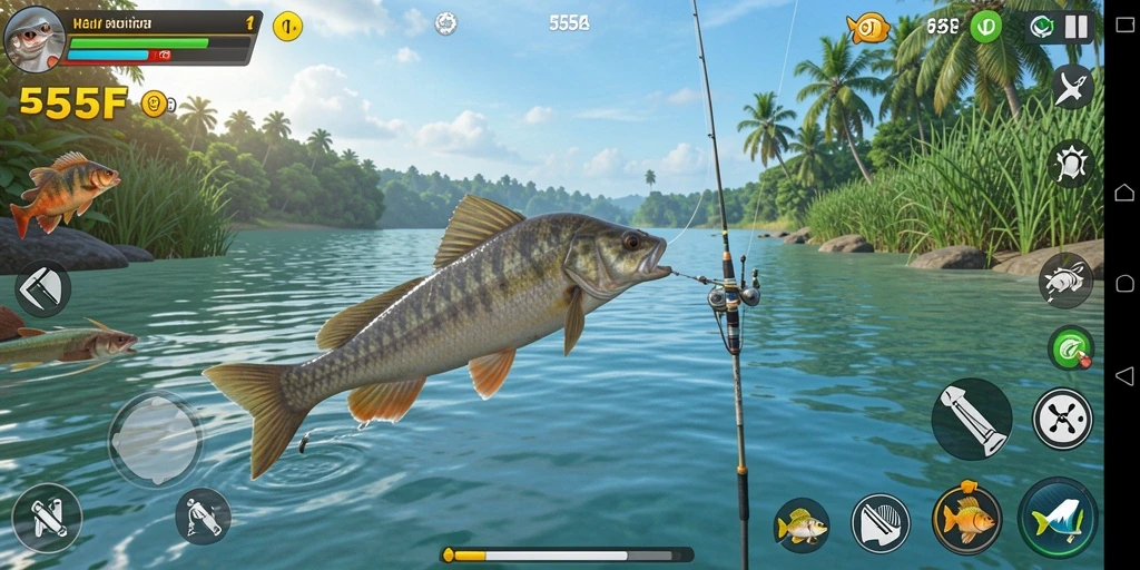 Tampilan gameplay 555F dengan aksi memancing yang penuh warna.