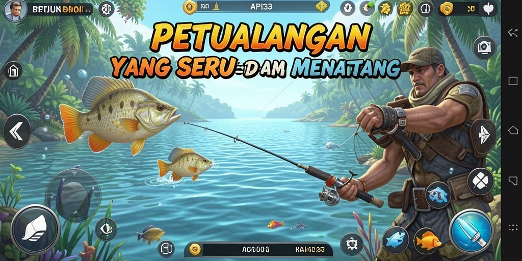 Screenshot utama menunjukkan gameplay yang mendebarkan saat menangkap ikan.