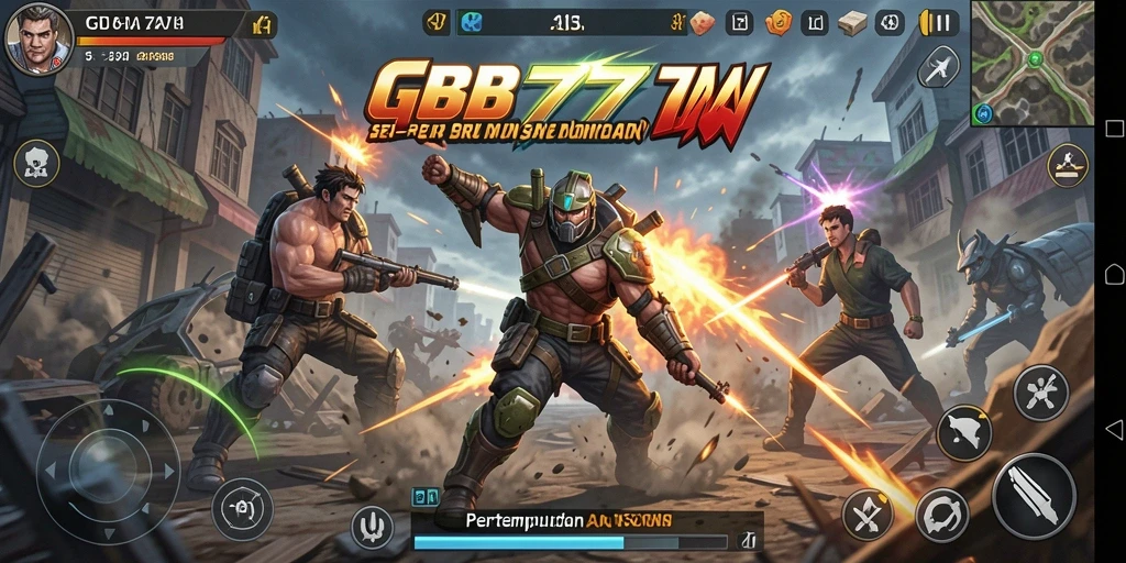 Screenshot menunjukkan pertempuran epik dalam game Action GB777.