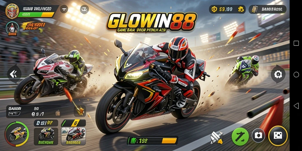 Tampilan gameplay seru dari GLOWIN88 dengan balapan motor yang menegangkan.