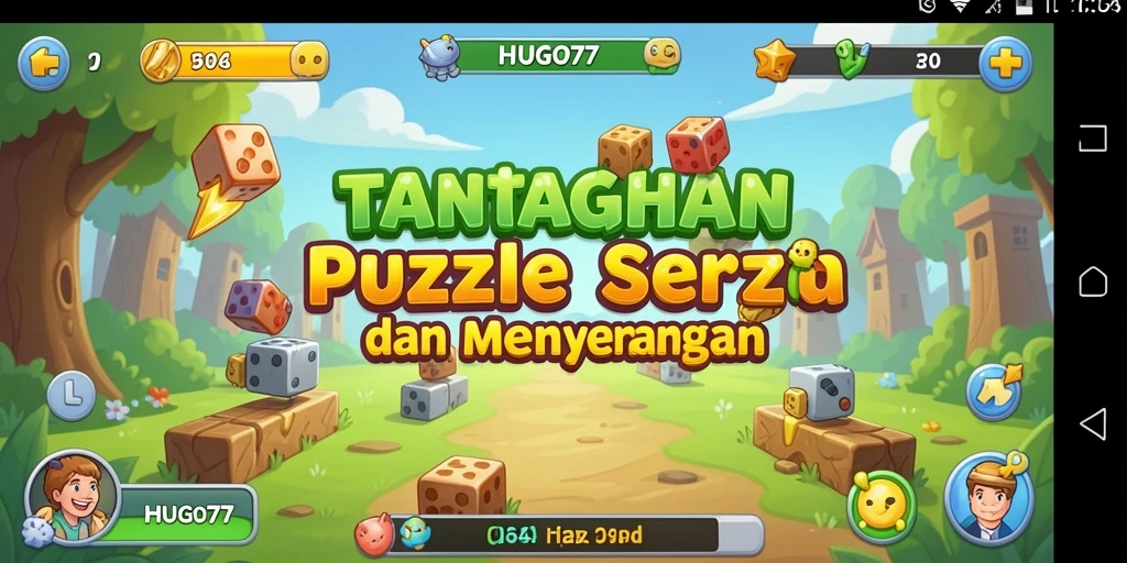Tangkapan layar utama HUGO77 menampilkan gameplay puzzle yang seru dan menantang.