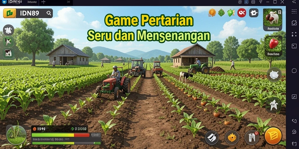 Screenshot gameplay IDN89 menampilkan ladang luas dengan berbagai tanaman yang subur.