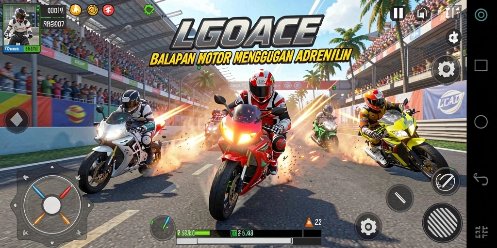 Tangkapan layar utama gameplay LGOACE menampilkan balapan motor yang seru.