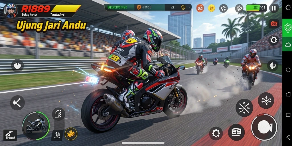 Tampilan gameplay menegangkan dengan motor melaju kencang di lintasan balap.