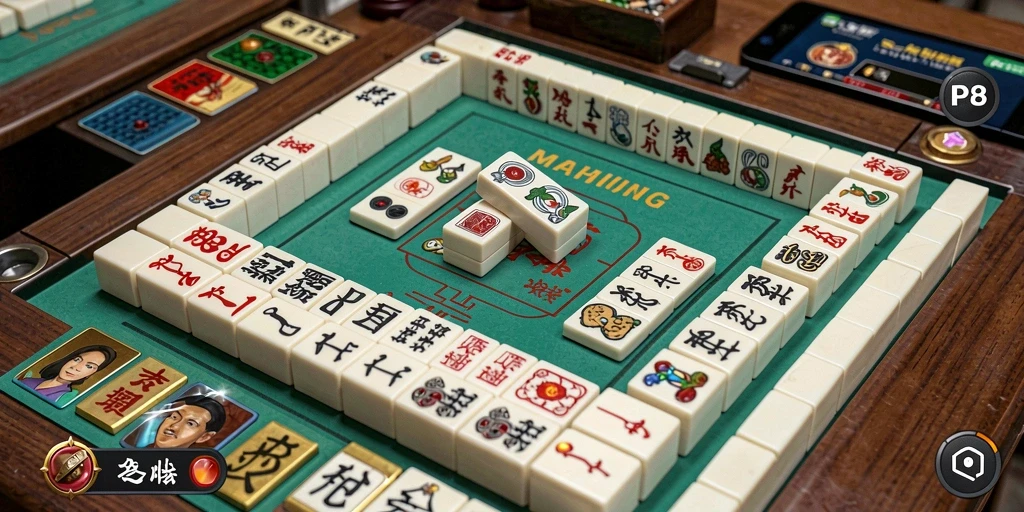 Screenshot gameplay RP8 menampilkan papan Mahjong yang penuh warna.