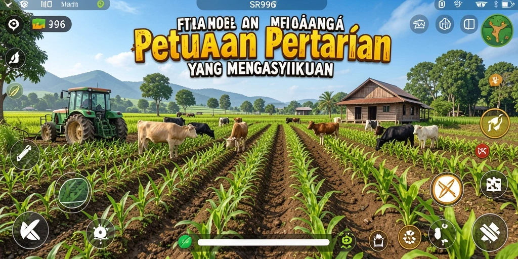 Tampilan aktivitas bertani di SR996 dengan beragam tanaman dan hewan.