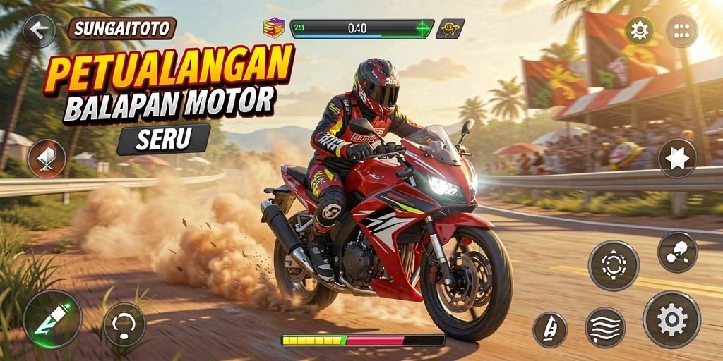 Screenshot gameplay SUNGAITOTO yang menunjukkan balapan motor seru.