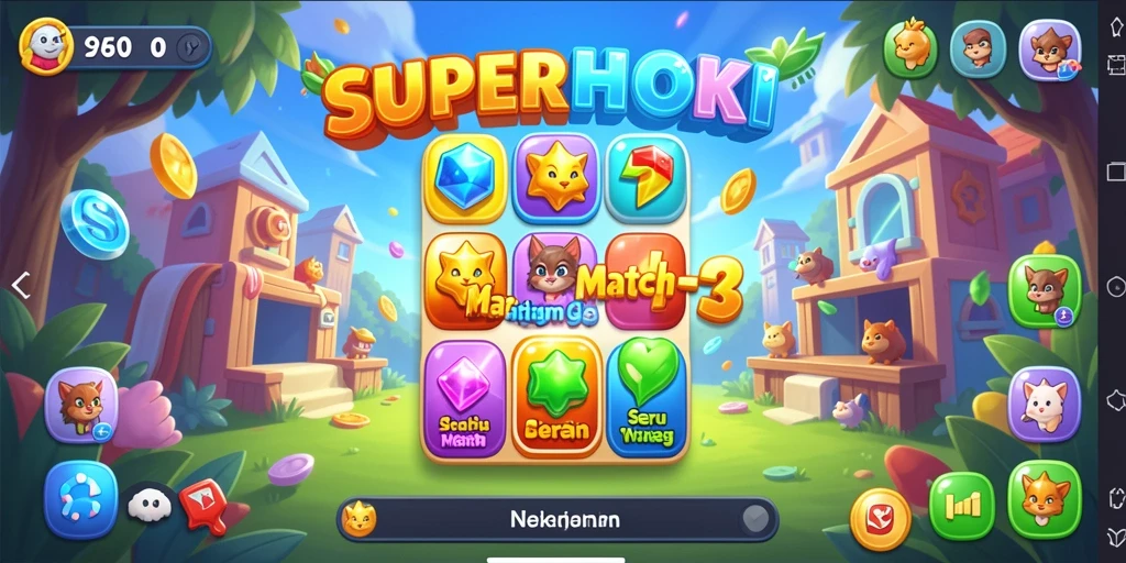 Gameplay SUPERHOKI dengan objek berwarna-warni dalam permainan Match-3.