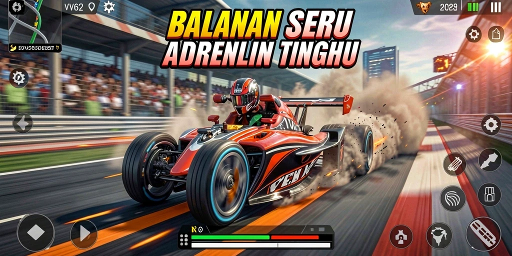Screenshot gameplay VV62 yang penuh aksi balapan.